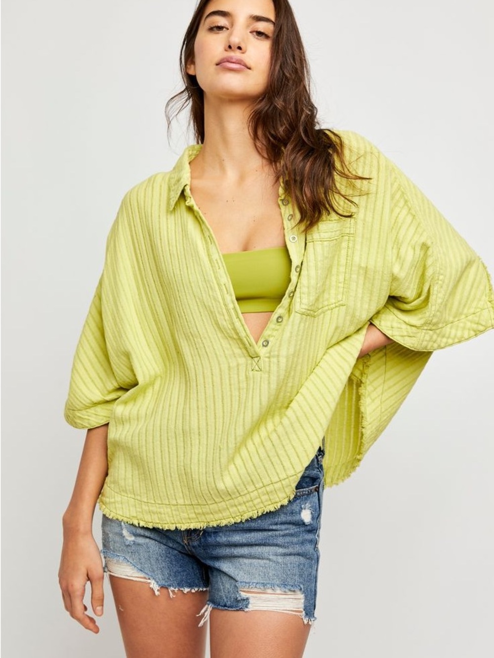 Lime Ribbed Button-Front Pullover Top